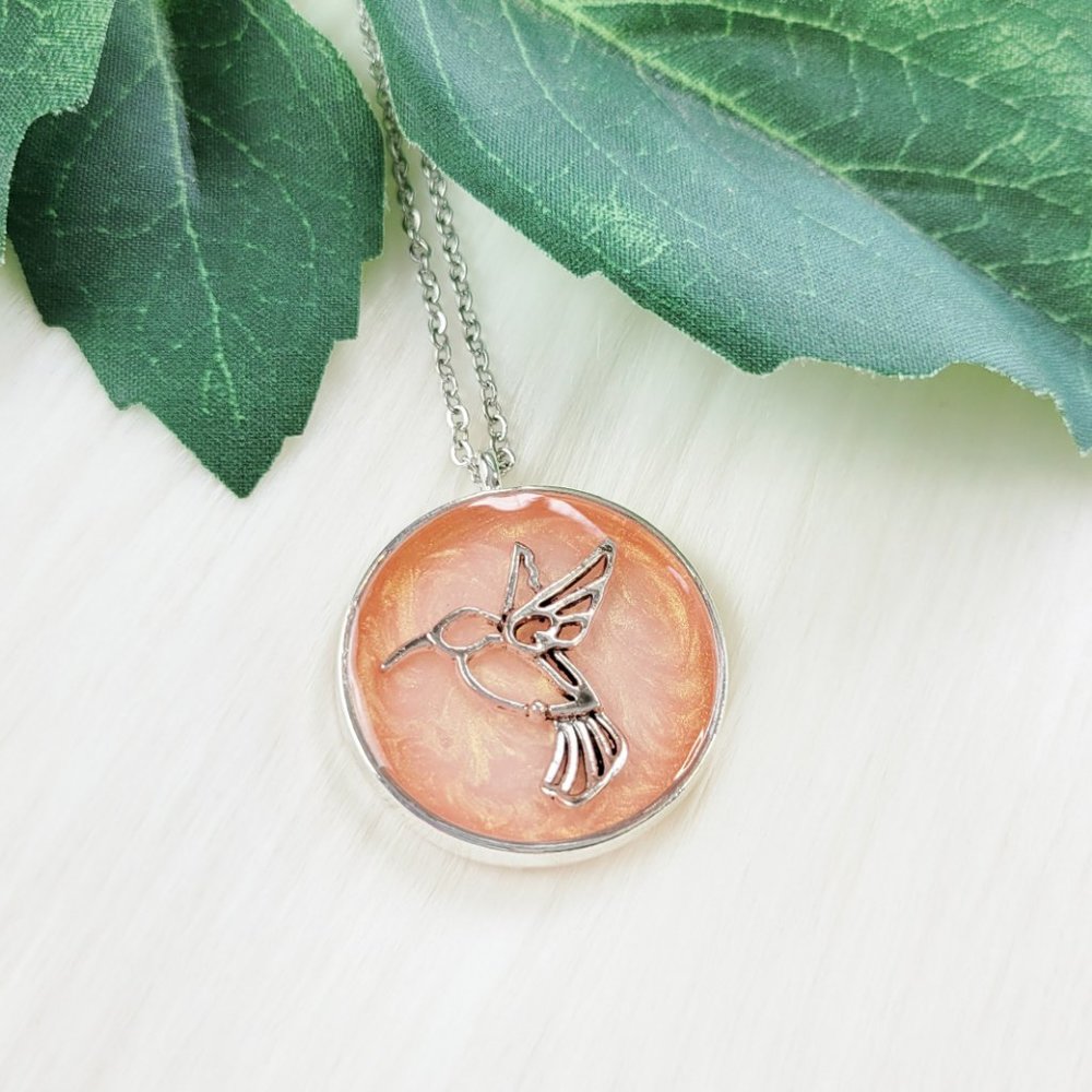 Hummingbird Pendant Necklace Metallic Peach Silver Round Bezel Handmade Necklace